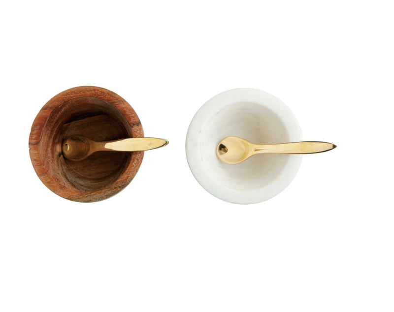 Marble Mango Wood Pinch Pot w Brass Spoon