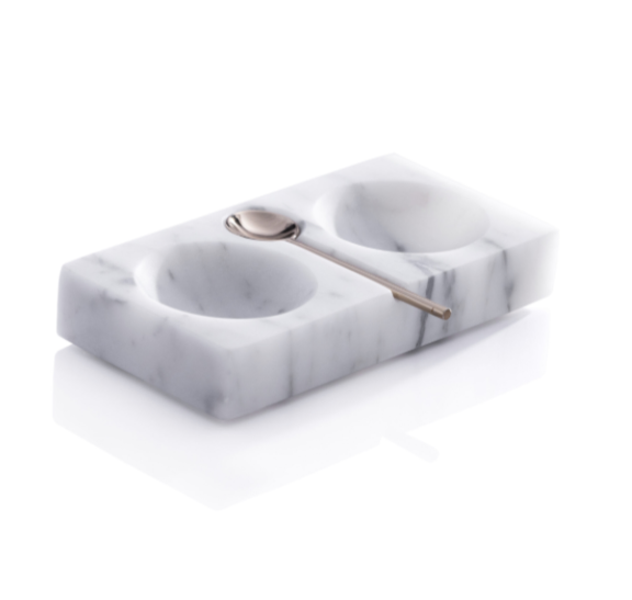 Marmora White Marble Salt, Pepper Dish with Silver Spoon