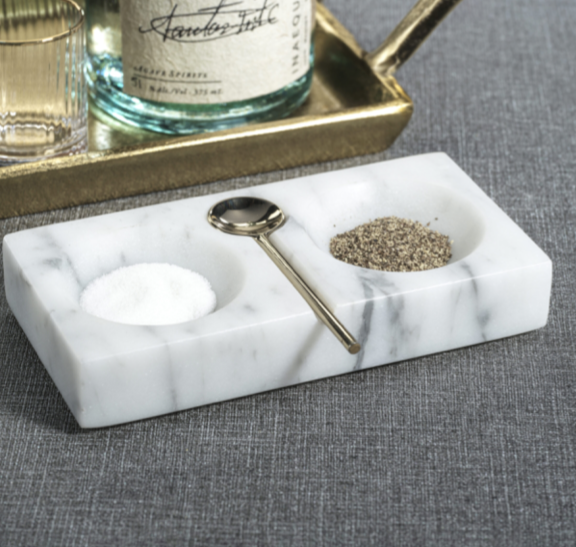 Marmora White Marble Salt, Pepper Dish with Silver Spoon