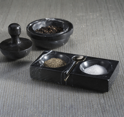 Marmora Black Marble Salt,Pepper Dish with Silver Spoon