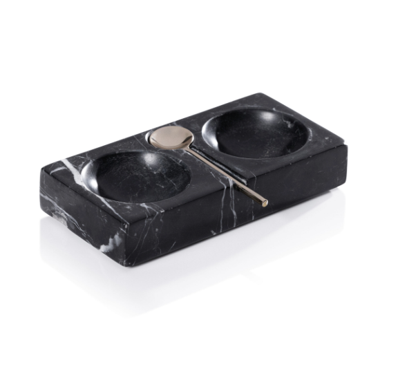 Marmora Black Marble Salt,Pepper Dish with Silver Spoon