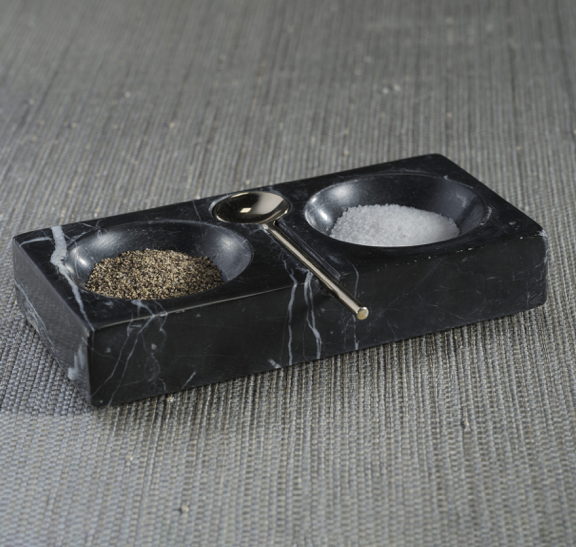 Marmora Black Marble Salt,Pepper Dish with Silver Spoon