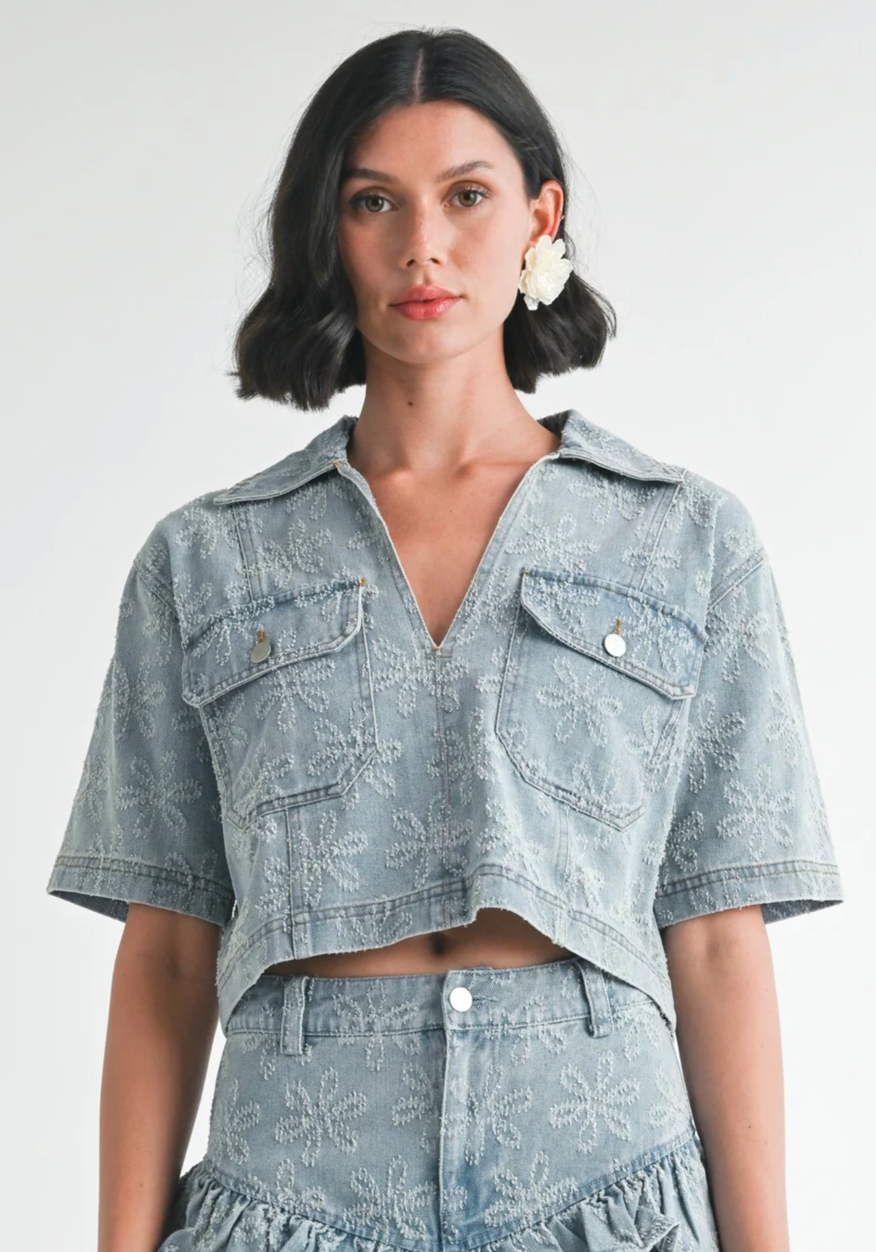 Floral Distress Denim Top