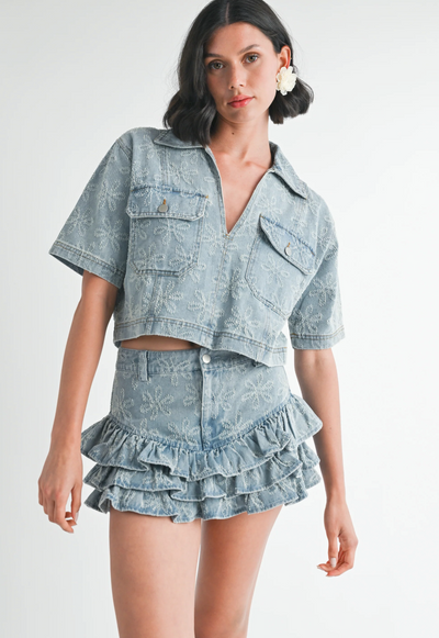 Floral Distress Denim Top