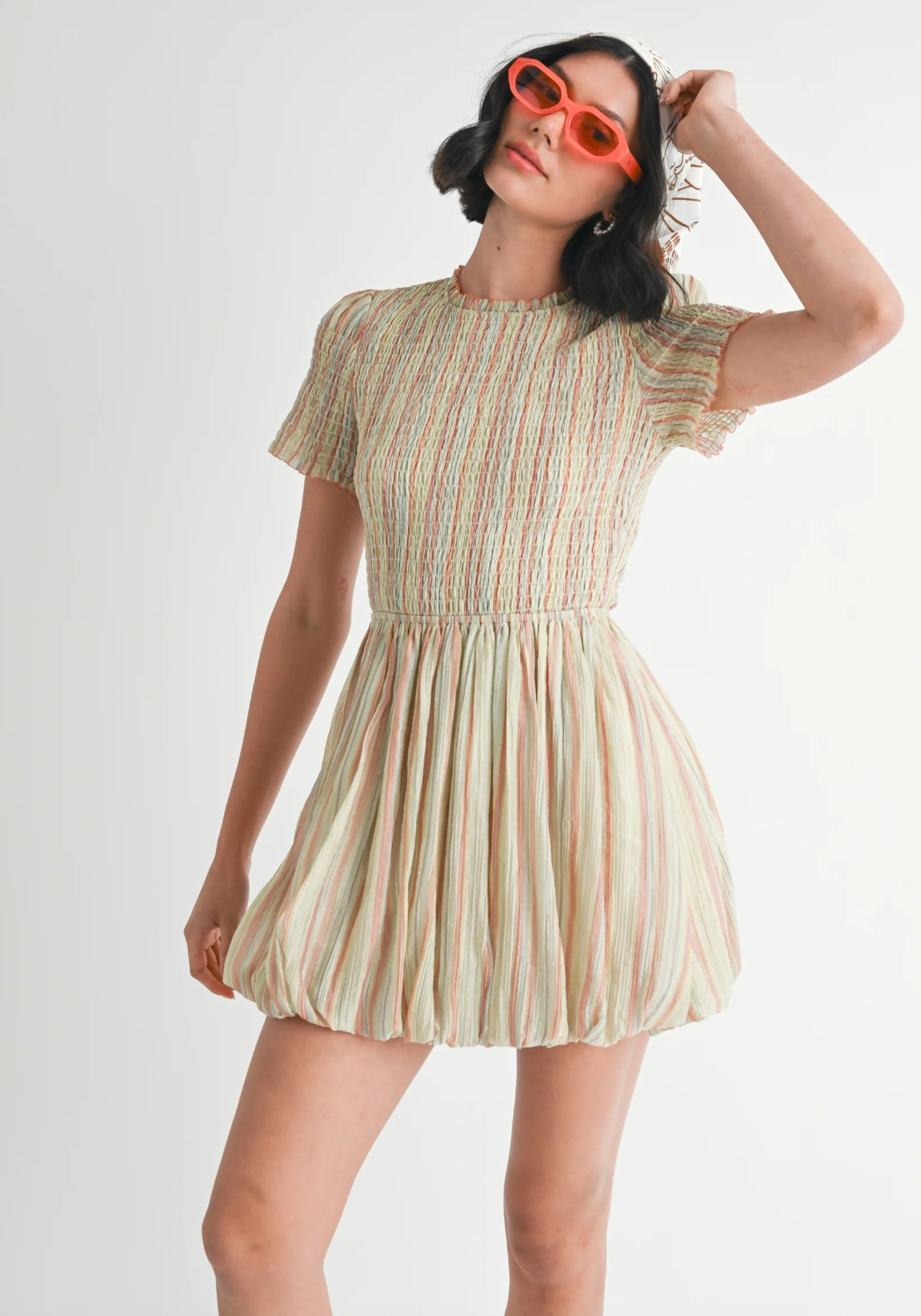 Smocked Short Sleeve Bubble Mini Dress