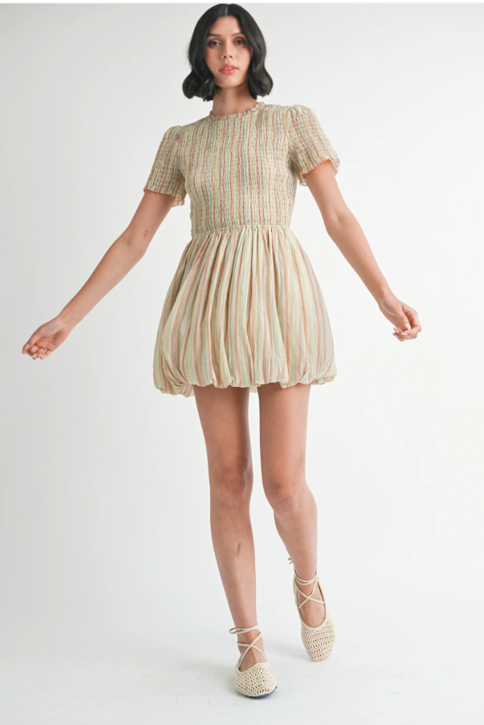 Smocked Short Sleeve Bubble Mini Dress