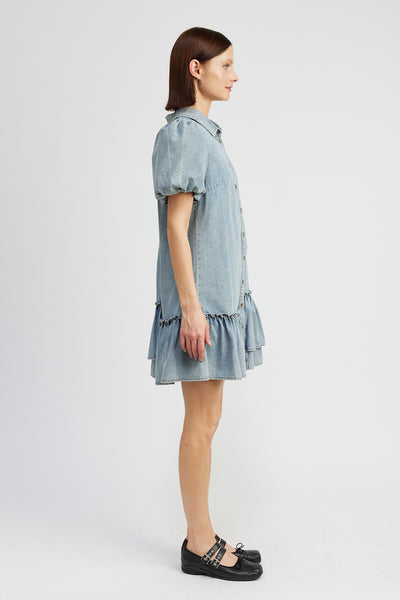 Denim Puffed Short Sleeve Mini Dress