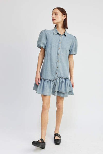 Denim Puffed Short Sleeve Mini Dress