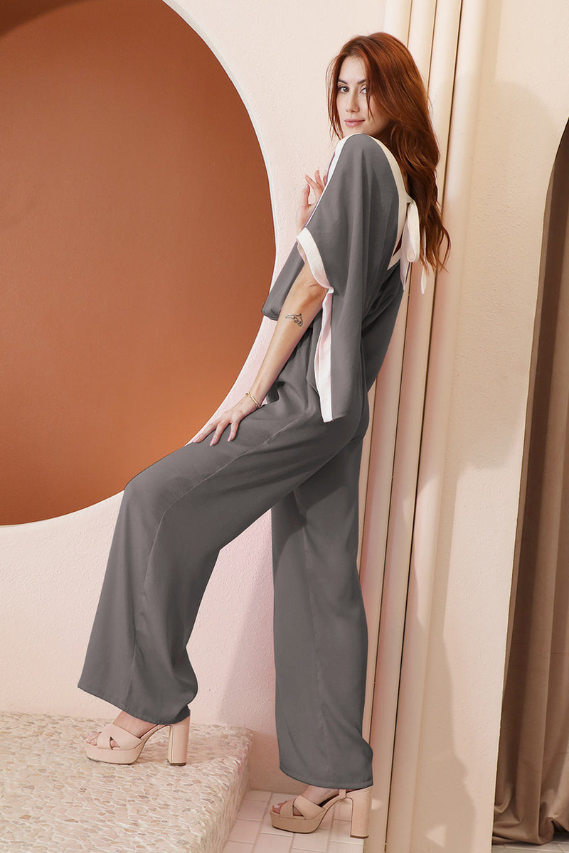 Washed Poly Silk Contrast Band Jumpsuit Grey