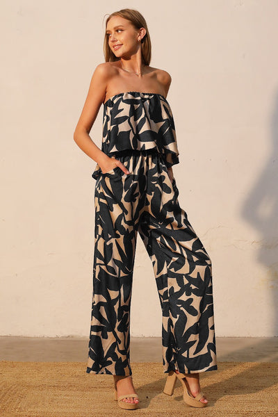 Paloma Satin Cascade Strapless Jumpsuit Black