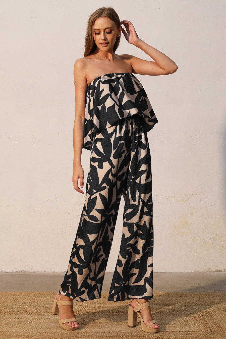 Paloma Satin Cascade Strapless Jumpsuit Black