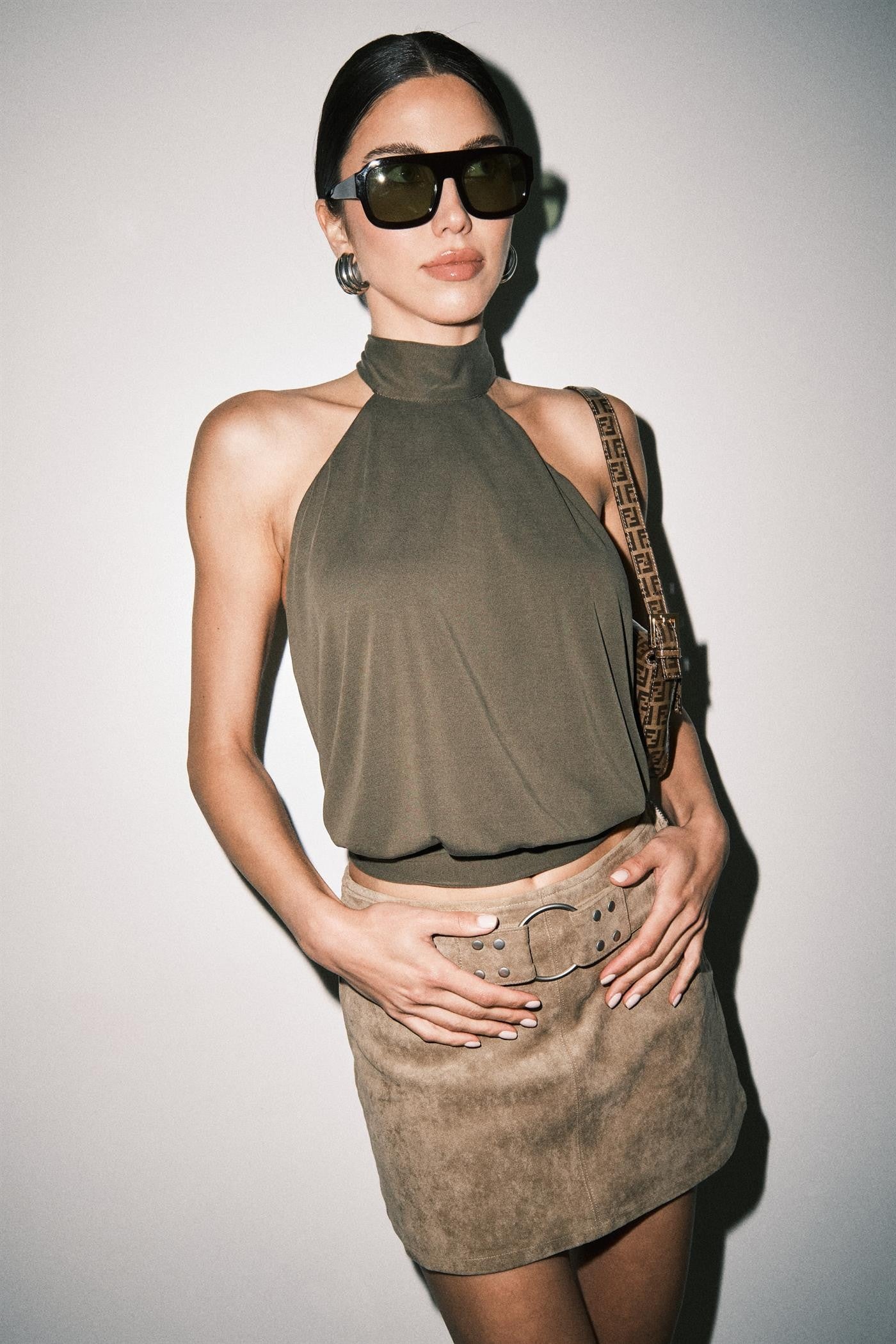 Alex Crepe Halter Top Olive