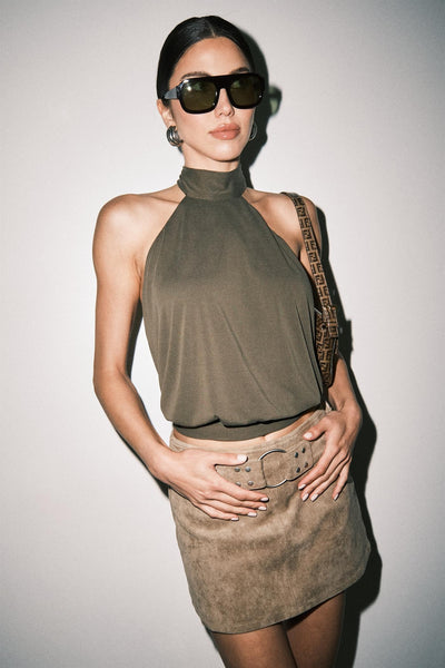 Alex Crepe Halter Top Olive