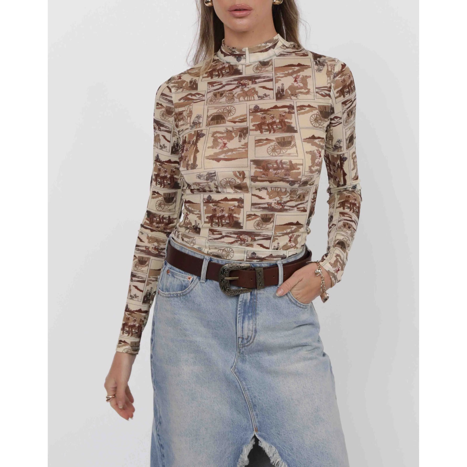 Giddy up Mock Neck Mesh Top Brown
