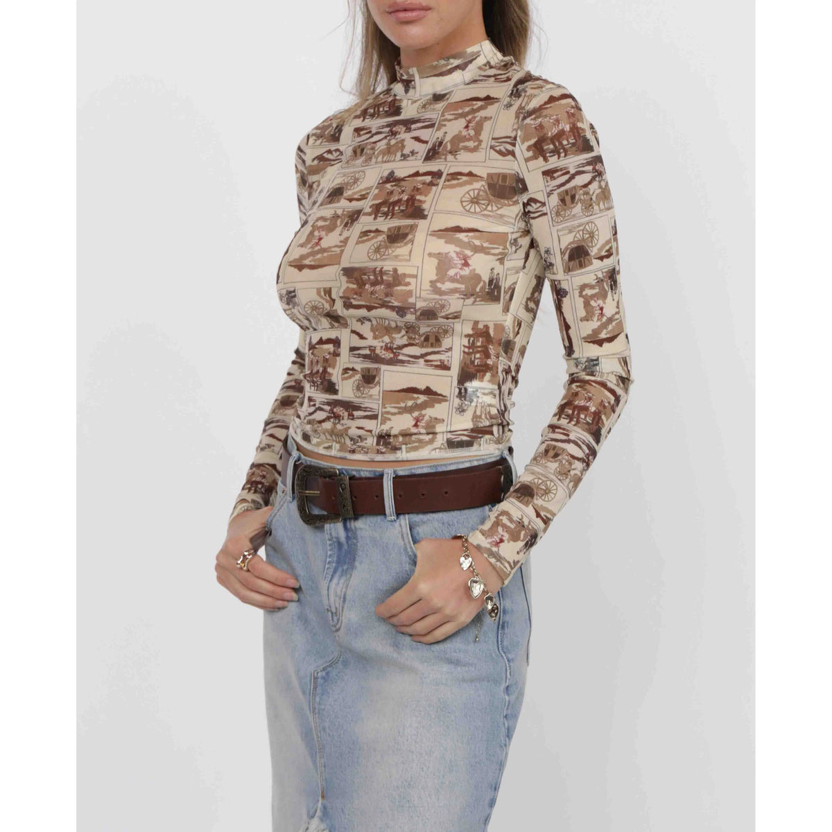 Giddy up Mock Neck Mesh Top Brown