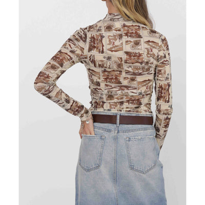 Giddy up Mock Neck Mesh Top Brown
