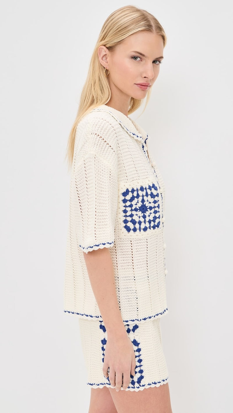 Avalon Crochet Shirt White Blue