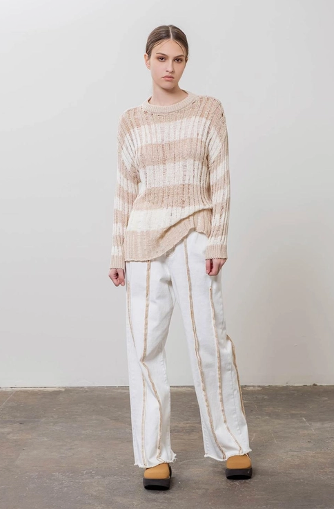 Double Rib Stripe Pattern Sweater Beige