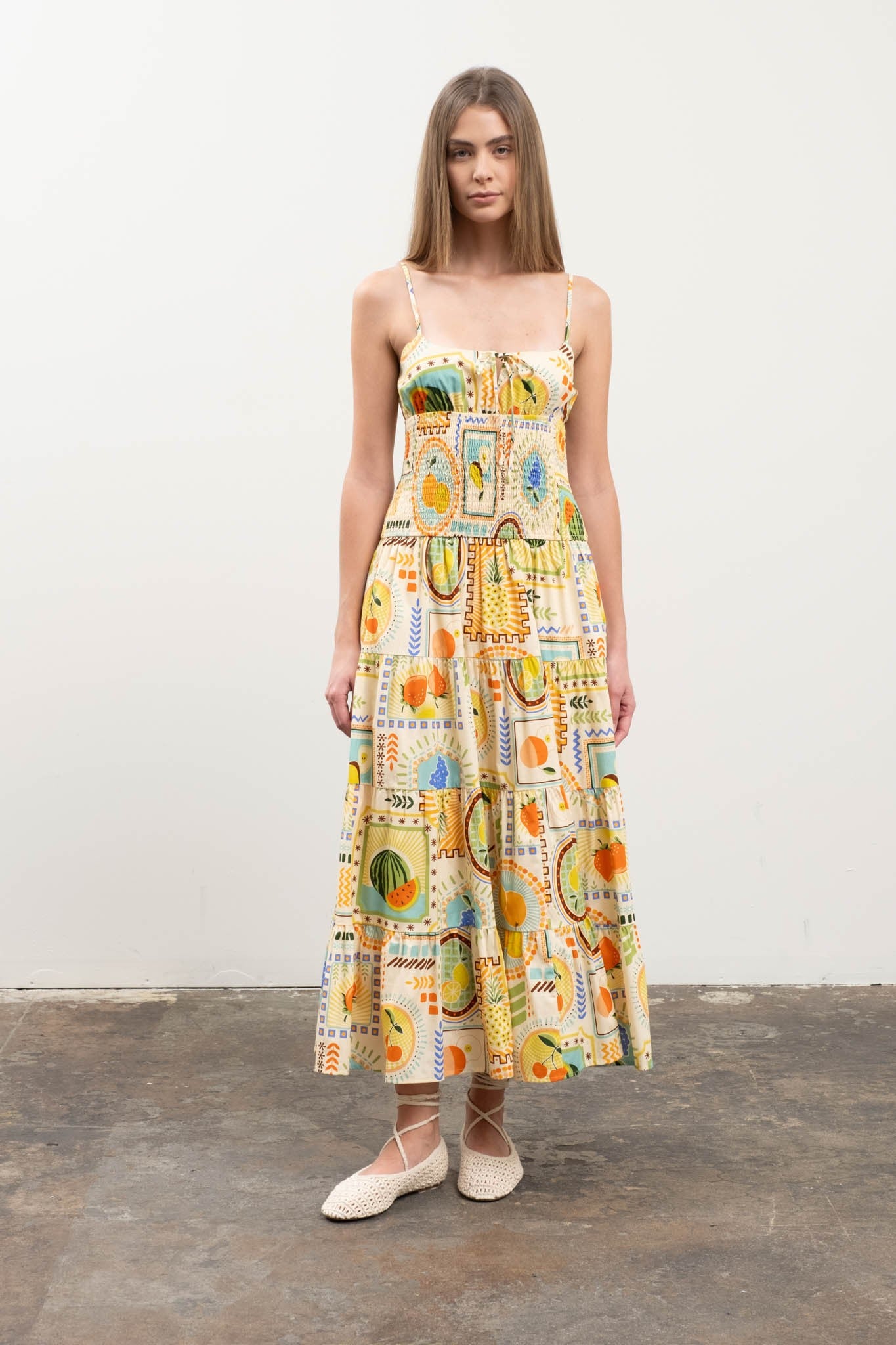 Fruit Tile Print Spaghetti Strap Midi Dress