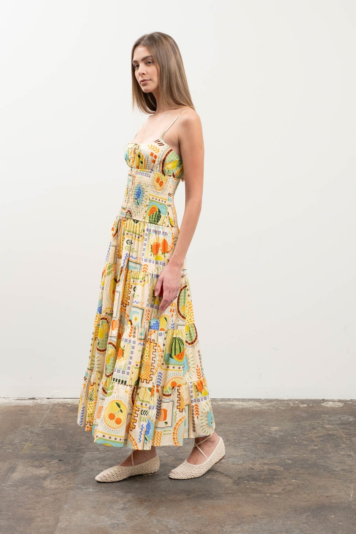 Fruit Tile Print Spaghetti Strap Midi Dress