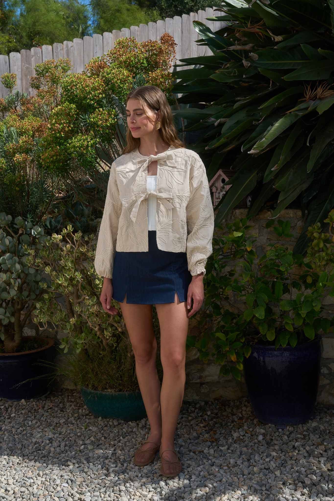 Tied Front Embroidered Floral Jacket Ivory