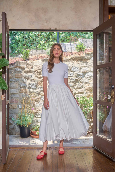 Yimara Bubble Skirt Midi Dress White