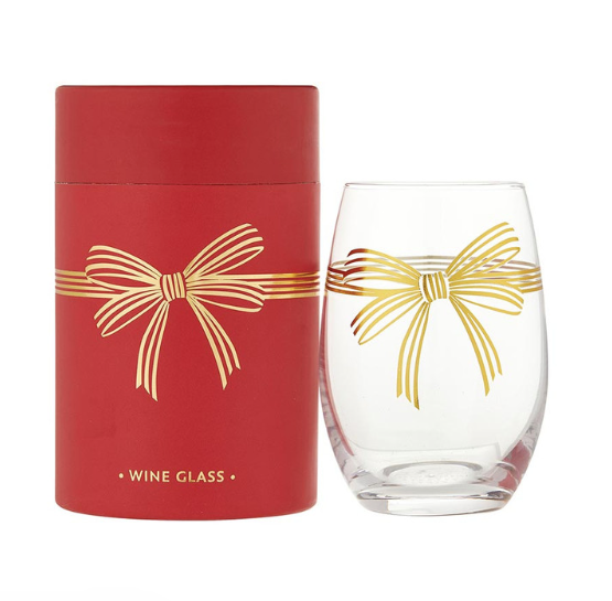 Stemless Wine Glass Gold Bow