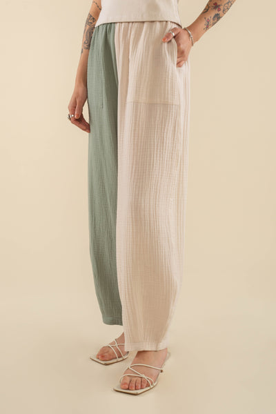 Keli Colorblock Cotton Gauze Lantern Pant Natural Sage