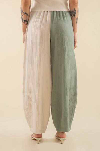 Keli Colorblock Cotton Gauze Lantern Pant Natural Sage