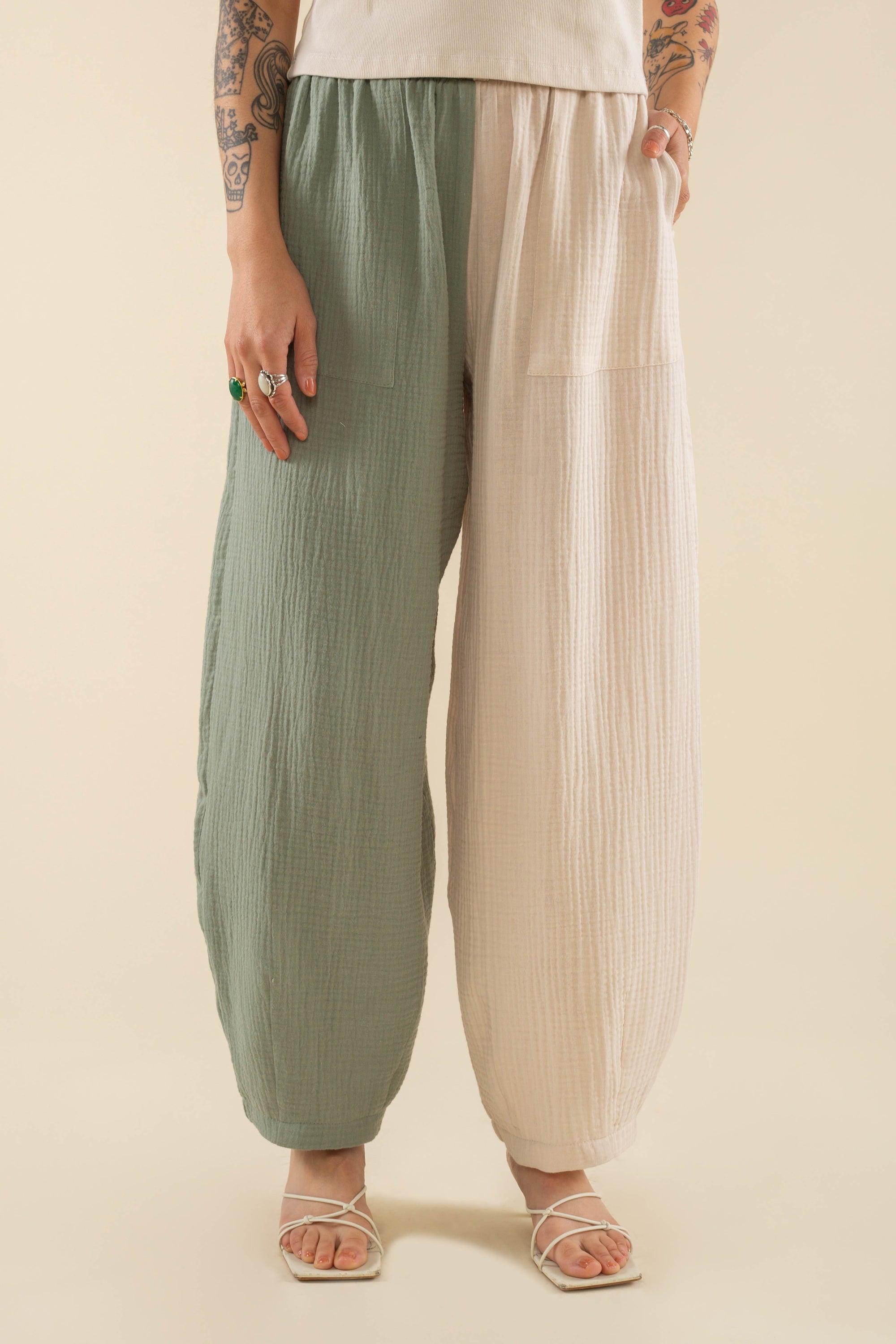 Mara Colorblock Cotton Gauze Lantern Pant Natural Sage