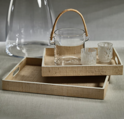 Reggio Natural Fiber Raffia Trays with Leather Trim