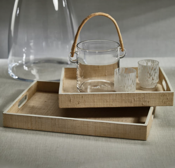 Reggio Natural Fiber Raffia Trays with Leather Trim