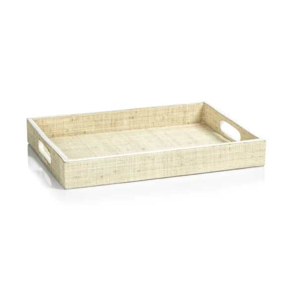 Reggio Natural Fiber Raffia Trays with Leather Trim