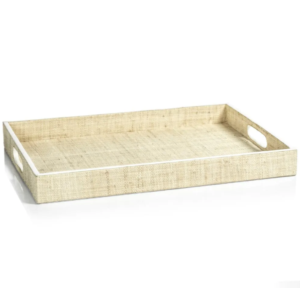 Reggio Natural Fiber Raffia Trays with Leather Trim