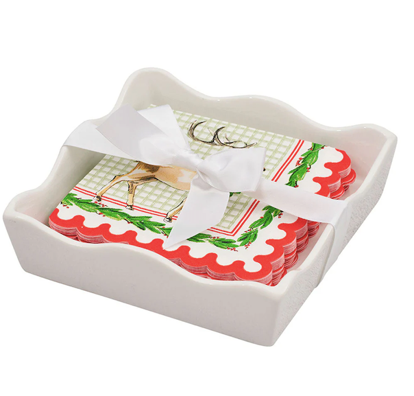 Ceramic Wave Napkin Tray w Cocktail Napkin Holly Berry