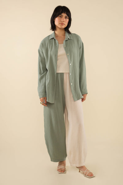 Mara Cotton Gauze Long Sleeve Button Up Sage