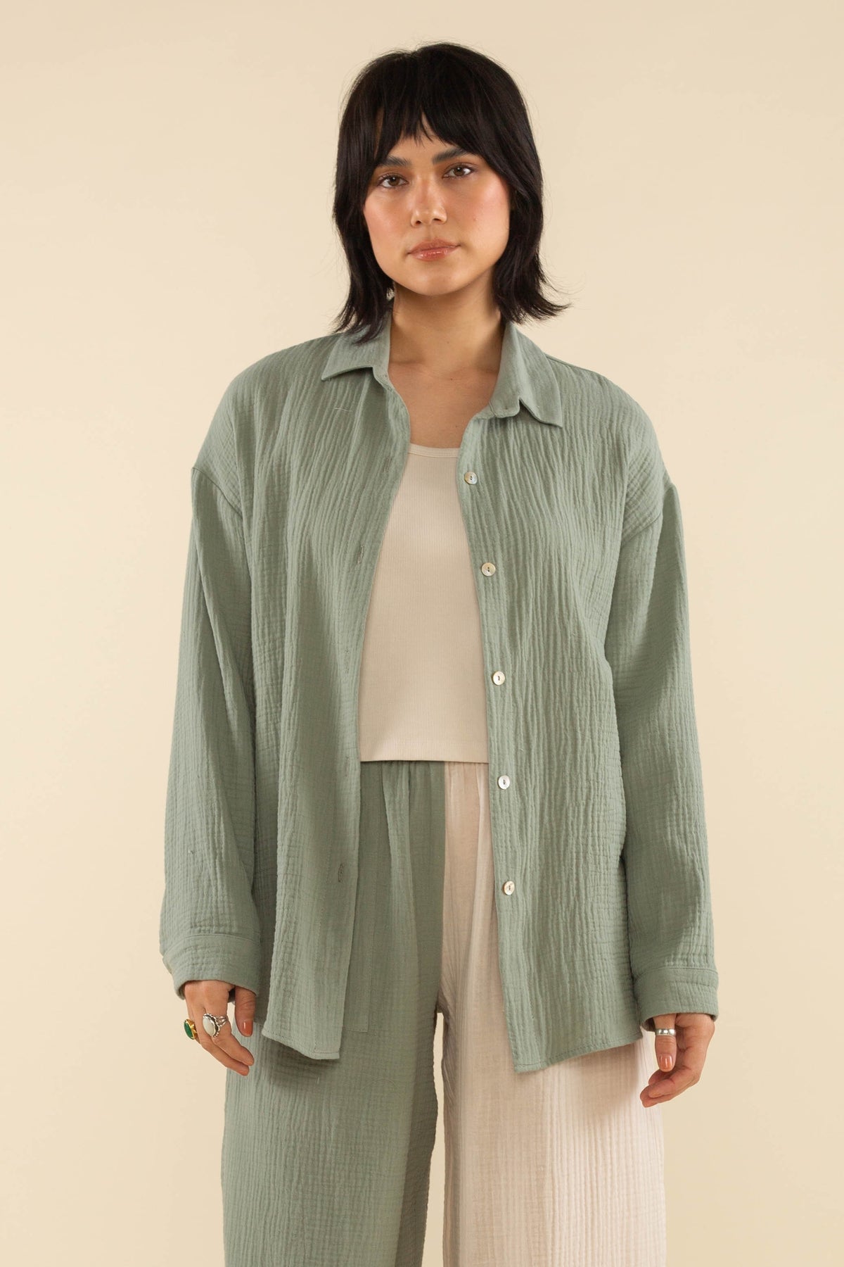 Mara Cotton Gauze Long Sleeve Button Up Sage