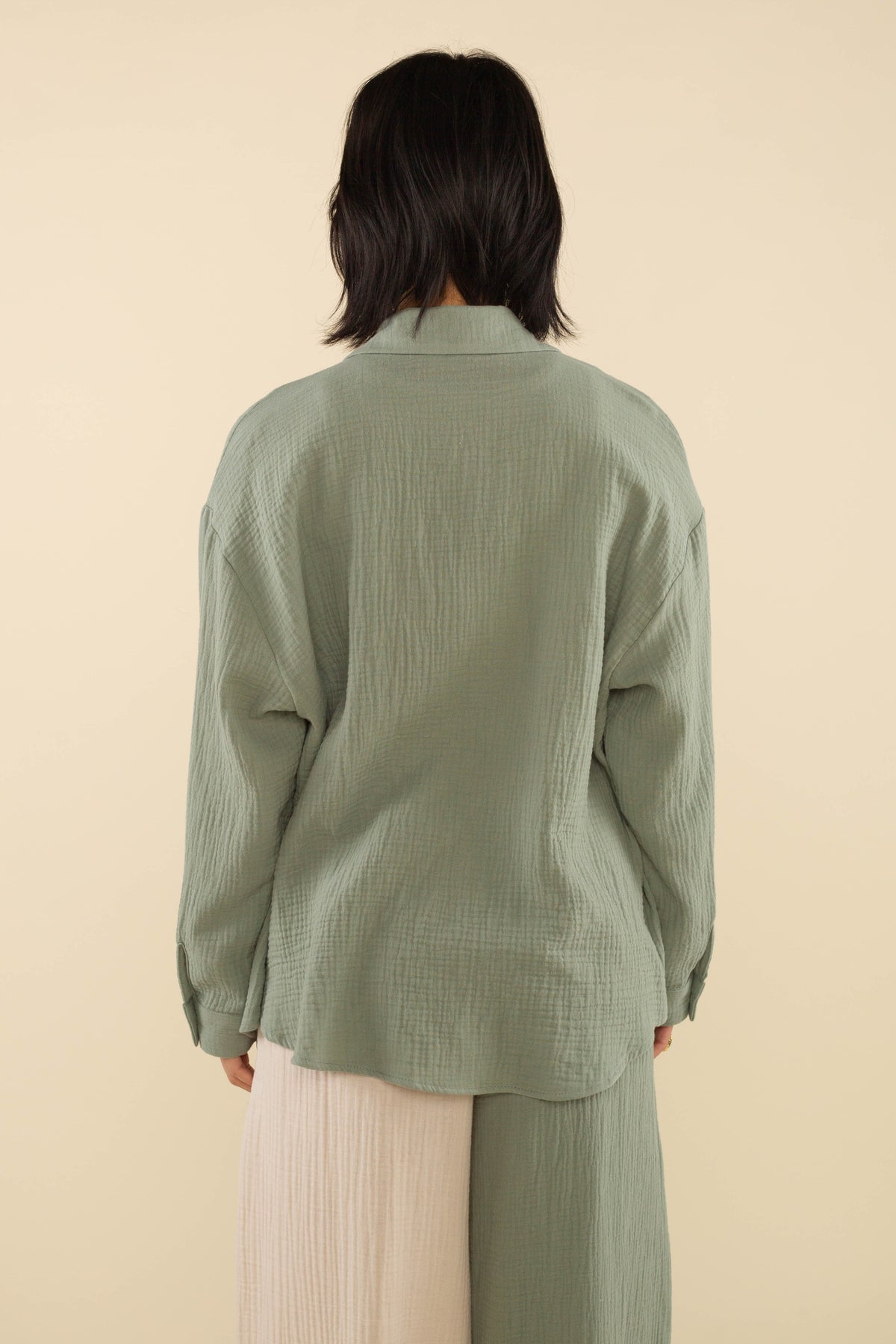 Mara Cotton Gauze Long Sleeve Button Up Sage