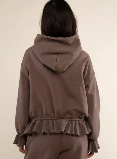 Barbel Boxy Hoody With Contrast rib Ruffles Brown