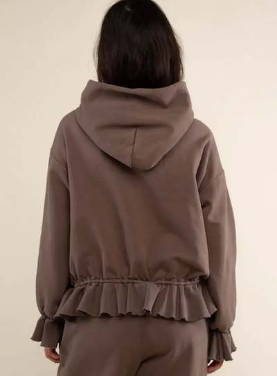 Boxy Hoody With Contrast rib Ruffles Brown