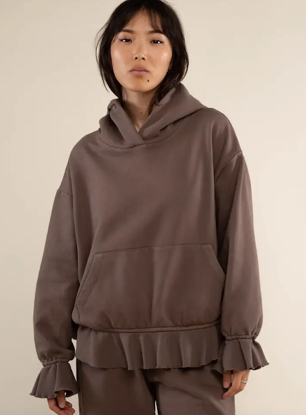 Barbel Boxy Hoody With Contrast rib Ruffles Brown