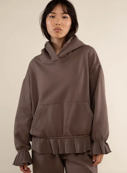 Boxy Hoody With Contrast rib Ruffles Brown