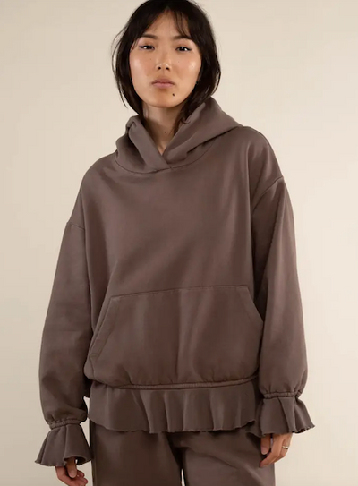 Boxy Hoody With Contrast rib Ruffles Brown