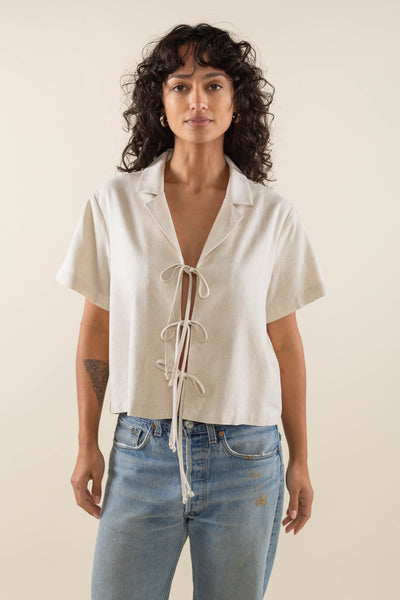 Nico Linen Short Sleeve Tie Blouse Natural