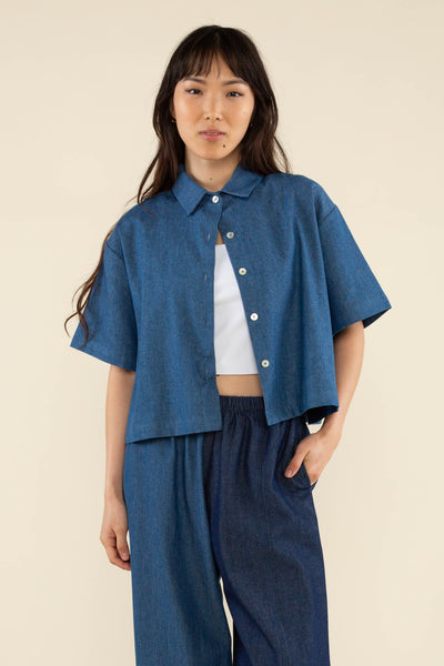 Charli Boxy Button Up Denim Shirt Medium Wash