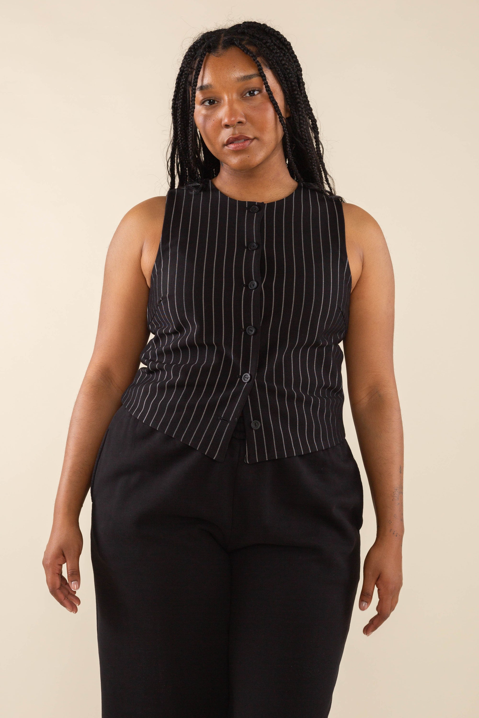 Noah High Neck Pinstripe Vest Black Ivory