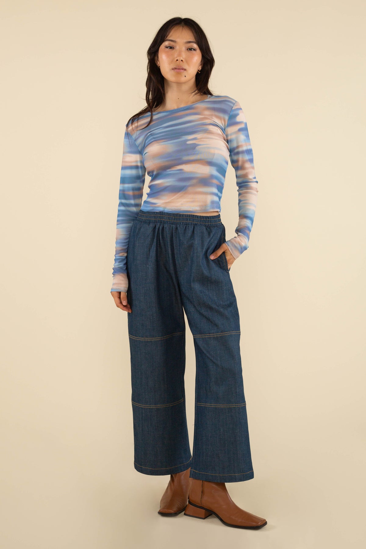 Ramona Long Sleeve Mesh Shirt Blue Beige Brown