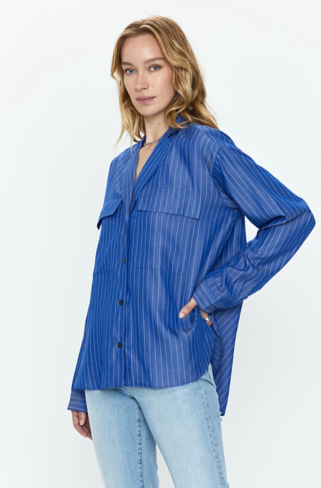 Irene Effortless Button Down Shirt Dark Blue Pinstripe