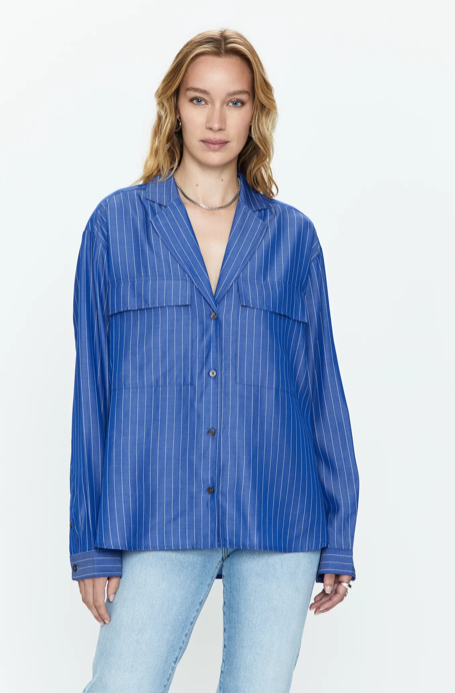Irene Effortless Button Down Shirt Dark Blue Pinstripe