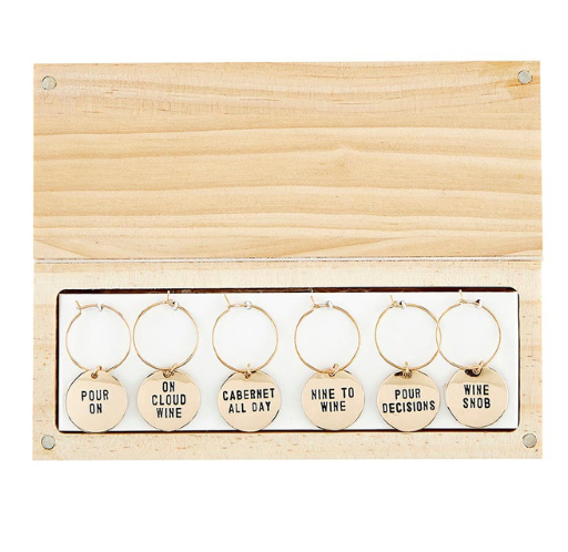 Gold Wine Charms in Pine Box Wine Tasting Daily